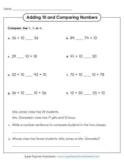 Add/Subtract & Compare - Add Multiples of 10 and Compare (Printable PDF Worksheet)