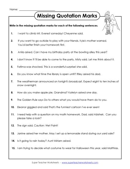 Quotation Marks for Dialogue - Add the Missing Quotation Marks  (Printable PDF Worksheet)