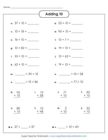 Adding 10 - Adding 10 (Horizontal and Vertical) (Printable PDF Worksheet)
