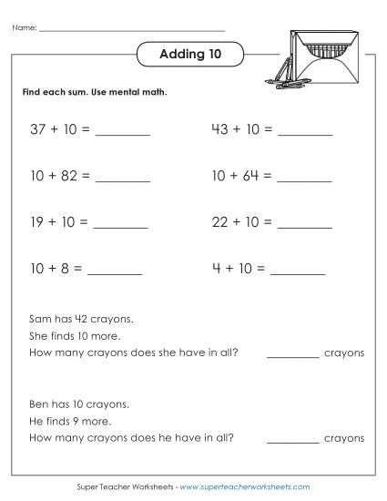 Adding 10 - Adding 10 (Horizontal w/ Word Problems) (Printable PDF Worksheet)