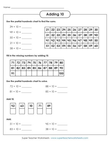 Adding 10 - Adding 10 (With a Hundreds Chart) (Printable PDF Worksheet)