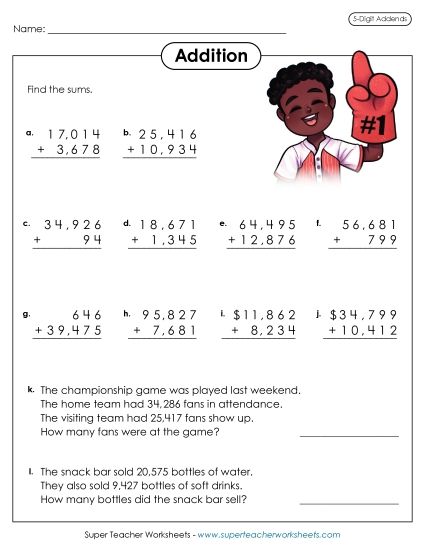 5-Digit Addition - Adding 5-Digit Numbers (Printable PDF Worksheet)