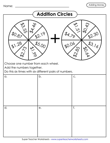 Adding Money - Adding Activity: Addition Circles (Printable PDF Worksheet)