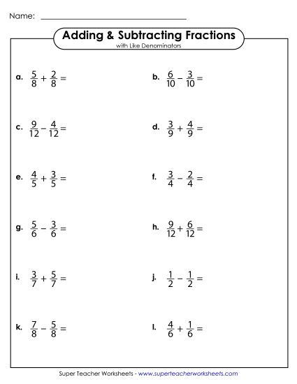 Adding Fractions: Same Denominator - Adding and Subtracting Fractions w/ Like Denominators (Horizontal) (Printable PDF Worksheet)