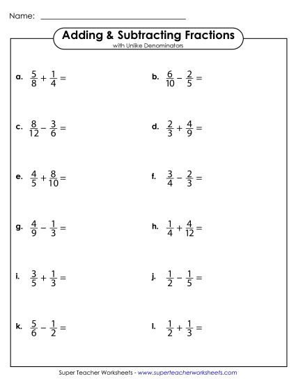 Subtracting Fractions: Different Denominators - Adding and Subtracting Fractions w/ Unlike Denominators (Horizontal) (Printable PDF Worksheet)