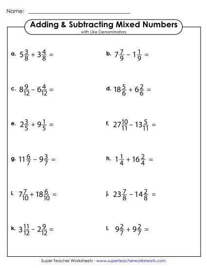 Subtracting Mixed Numbers: Same Denominators - Adding and Subtracting Mixed Numbers w/ Like Denominators (Horizontal) (Printable PDF Worksheet)