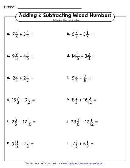 Adding Mixed Numbers: Different Denominators - Adding and Subtractiong Mixed Numbers w/ Unlike Denominators (Horizontal) (Printable PDF Worksheet)