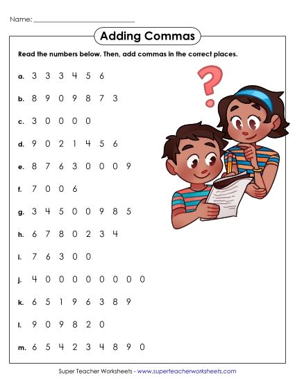 Place Value - Adding Commas (Printable PDF Worksheet)