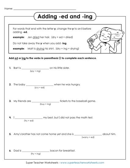 Verb Tenses - Adding -ed and -ing to verbs (Printable PDF Worksheet)