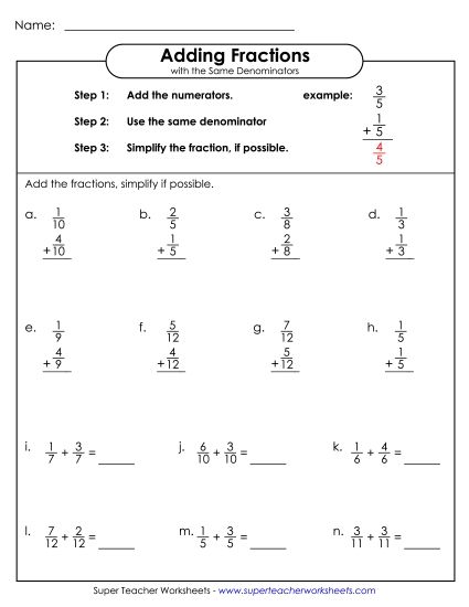 Adding Fractions: Same Denominator - Adding Fractions (Horizontal and Vertical) (Printable PDF Worksheet)