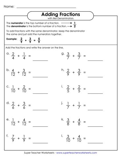 Adding Fractions: Same Denominator - Adding Fractions (Horizontal) (Printable PDF Worksheet)