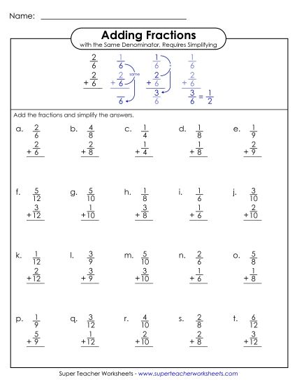 Adding Fractions: Same Denominator - Adding Fractions; Like Denominators (Vertical) (Printable PDF Worksheet)