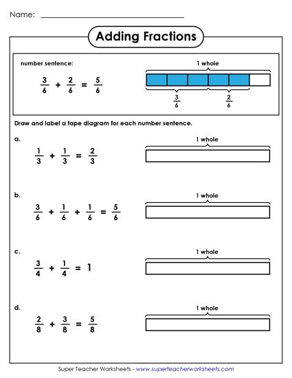 Adding Fractions: Same Denominator - Adding Fractions: Making Tape Diagrams (Printable PDF Worksheet)