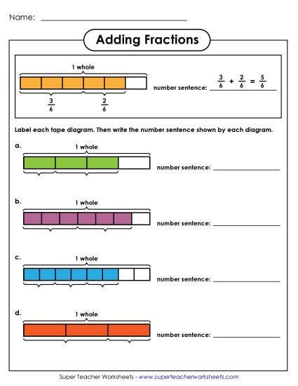 Adding Fractions: Same Denominator - Adding Fractions: Tape Diagrams (Printable PDF Worksheet)