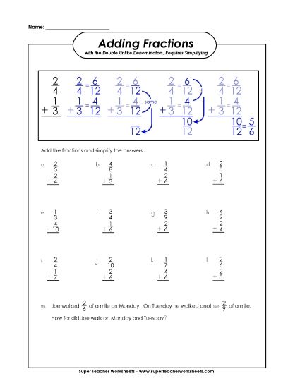 Adding Fractions: Different Denominators - Adding Fractions (Unlike Denominators)&nbsp; ADVANCED (Printable PDF Worksheet)