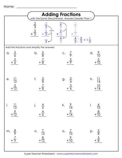Adding Fractions: Same Denominator - Adding Fractions (w/ Answers > 1) (Printable PDF Worksheet)