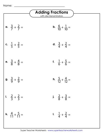 Adding Fractions: Same Denominator - Adding Fractions w/ Like Denominators (Horizontal) (Printable PDF Worksheet)