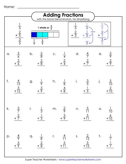 Adding Fractions: Same Denominator - Adding Fractions w/ Like Denominators (Vertical) (Printable PDF Worksheet)