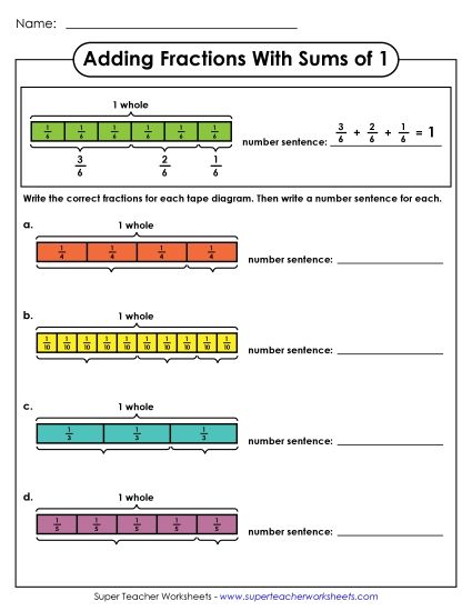 Adding Fractions: Same Denominator - Adding Fractions with Sums of 1: Tape Diagrams (Printable PDF Worksheet)