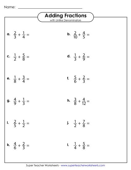 Adding Fractions: Different Denominators - Adding Fractions with Unlike Denominators (Horizontal) (Printable PDF Worksheet)