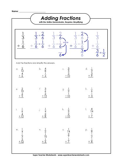 Adding Fractions: Different Denominators - Adding Fractions Worksheet (Unlike Denominators) 1 (Printable PDF Worksheet)