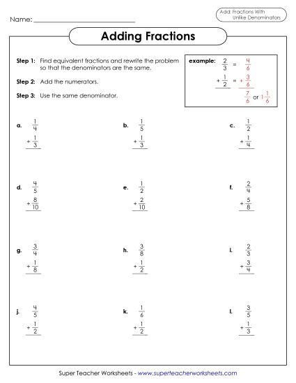 Adding Fractions: Different Denominators - Adding Fractions Worksheet (Unlike Denominators)&nbsp; 2 (Printable PDF Worksheet)