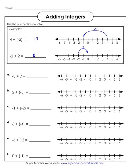 Adding Integers - Adding Integers - Number Lines 2 (Printable PDF Worksheet)