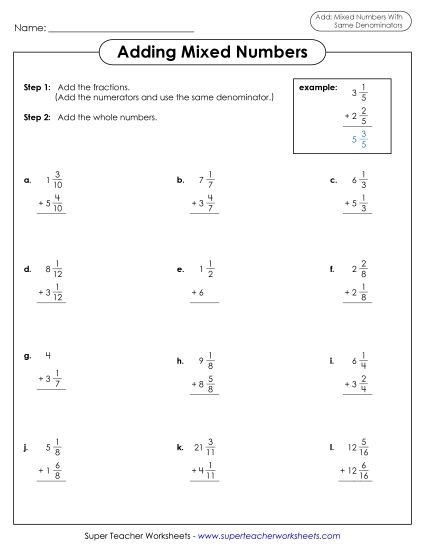 Adding and Subtracting Mixed Numbers - Adding Mixed Numbers 2 (Same Denominator) (Printable PDF Worksheet)