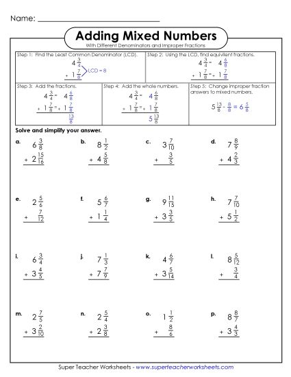 Adding Mixed Numbers: Different Denominators - Adding Mixed Numbers (Improper Fractions; Vertical) (Printable PDF Worksheet)
