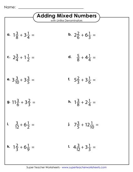 Adding Mixed Numbers: Different Denominators - Adding Mixed Numbers w/ Unlike Denominators (Horizontal) (Printable PDF Worksheet)