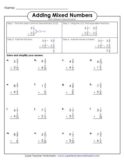 Adding Mixed Numbers: Different Denominators - Adding Mixed Numbers w/ Unlike Denominators (Vertical) (Printable PDF Worksheet)