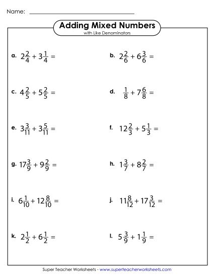 Adding Mixed Numbers: Same Denominators - Adding Mixed Numbers with Like Denominators (Horizontal) (Printable PDF Worksheet)