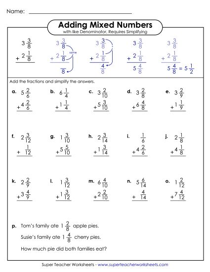 Adding Mixed Numbers: Same Denominators - Adding Mixed Numbers with Like Denominators (Vertical) (Printable PDF Worksheet)
