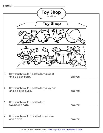 Adding Money - Adding Money - Toy Shop (Printable PDF Worksheet)