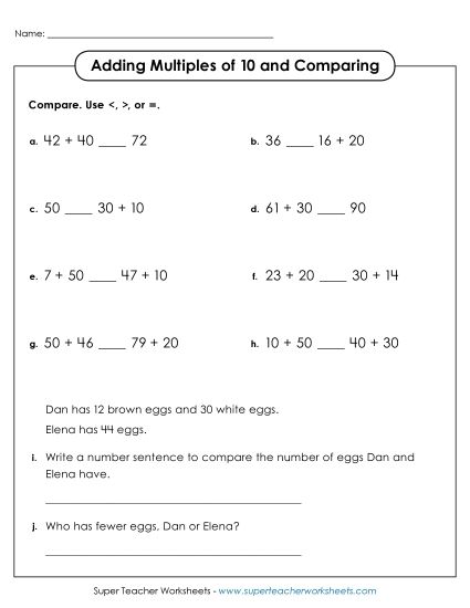 Adding Multiples of 10 - Adding Multiples of 10 and Comparing (Printable PDF Worksheet)