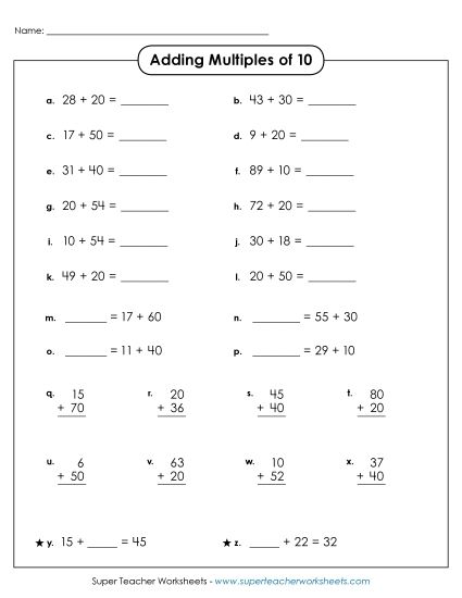 Adding Multiples of 10 - Adding Multiples of 10 (Horizontal & Vertical) (Printable PDF Worksheet)