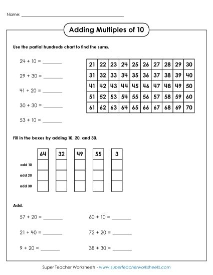 Adding Multiples of 10 - Adding Multiples of 10 (With Hundreds Chart) (Printable PDF Worksheet)