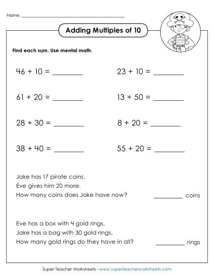 Adding Multiples of 10 - Adding Multiples of 10 (With Word Problems) (Printable PDF Worksheet)