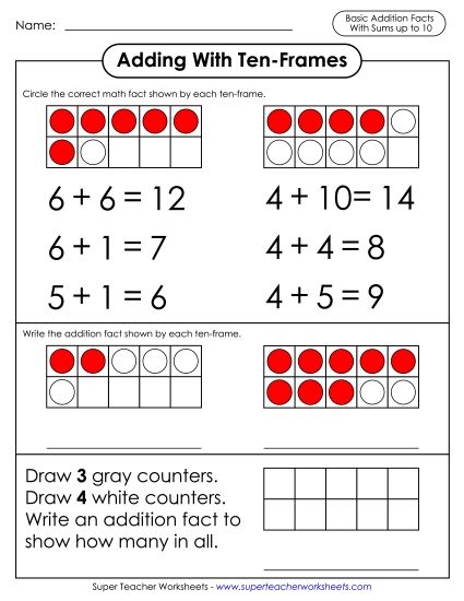 Ten-Frame Addition - Adding With Ten-Frames 2 (Printable PDF Worksheet)