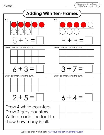 Ten-Frame Addition - Adding With Ten-Frames (Printable PDF Worksheet)