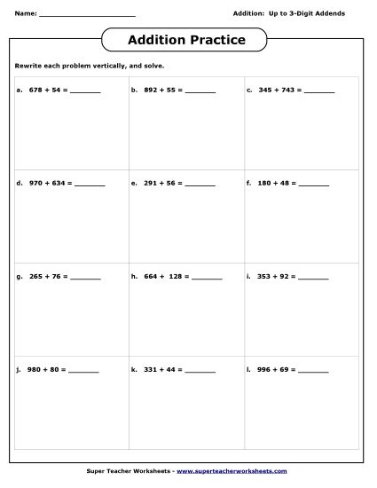 Addition (3-Digit Addends) - Addition:  3-Digits + 2-Digits (Printable PDF Worksheet)
