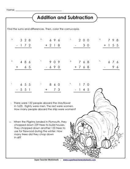 Thanksgiving Subtraction - Addition & Subtraction (3-Digit) (Printable PDF Worksheet)