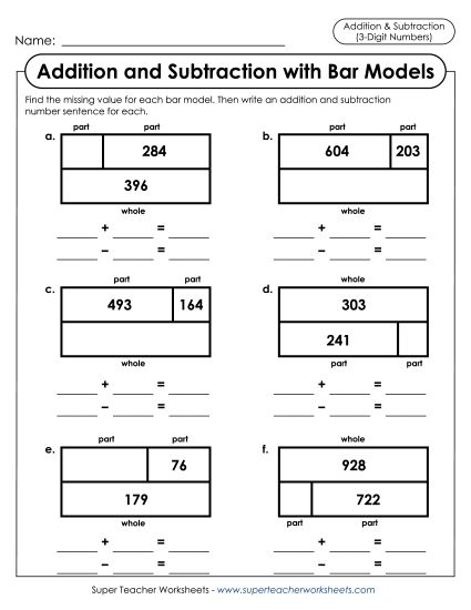 Addition and Subtraction Mixed - Addition and Subtraction Bar Models (Tape Diagrams) (Printable PDF Worksheet)