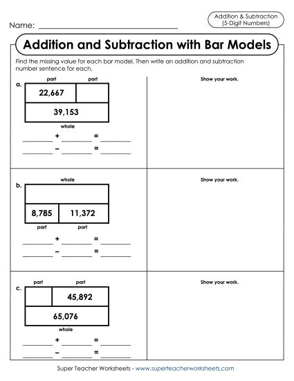 Addition & Subtraction Mixed - Addition & Subtraction Bar Models With Work Space (Printable PDF Worksheet)