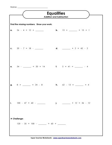 Solving for Variables Addition & Subtraction Only - Addition and Subtraction Equations w/ Blank Lines Instead of Variables (Printable PDF Worksheet)