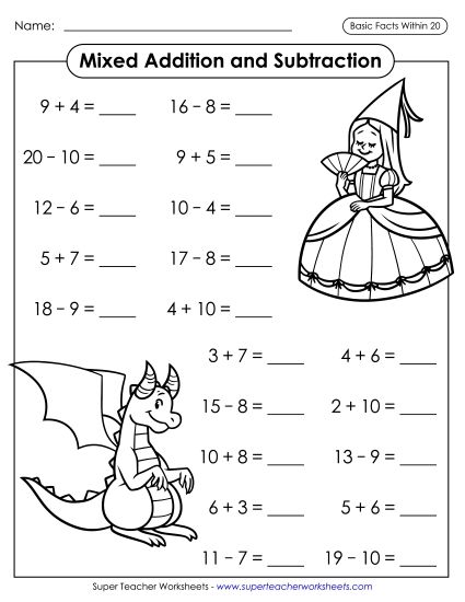 Practice Worksheets - Addition & Subtraction Facts: Fairy Tales  (Horizontal) (Printable PDF Worksheet)