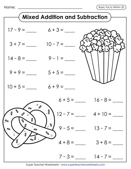 Practice Worksheets - Addition & Subtraction Facts: Snacks  (Horizontal) (Printable PDF Worksheet)