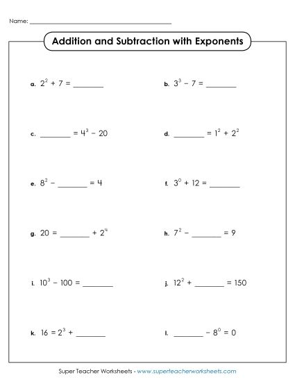 Exponents w/ Whole Numbers as a Base - Addition & Subtraction with Exponents (Printable PDF Worksheet)