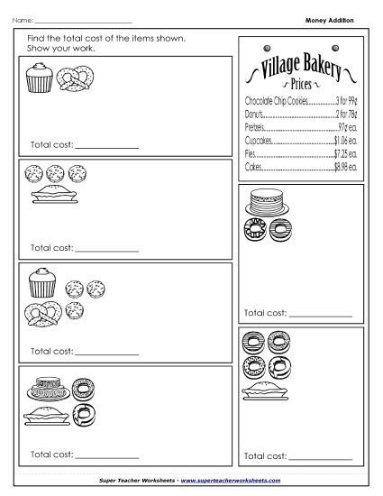 Adding Money - Addition Bakery (Money) (Printable PDF Worksheet)