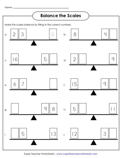 Addition Worksheets & Games - Addition Balance Scales (Printable PDF Worksheet)